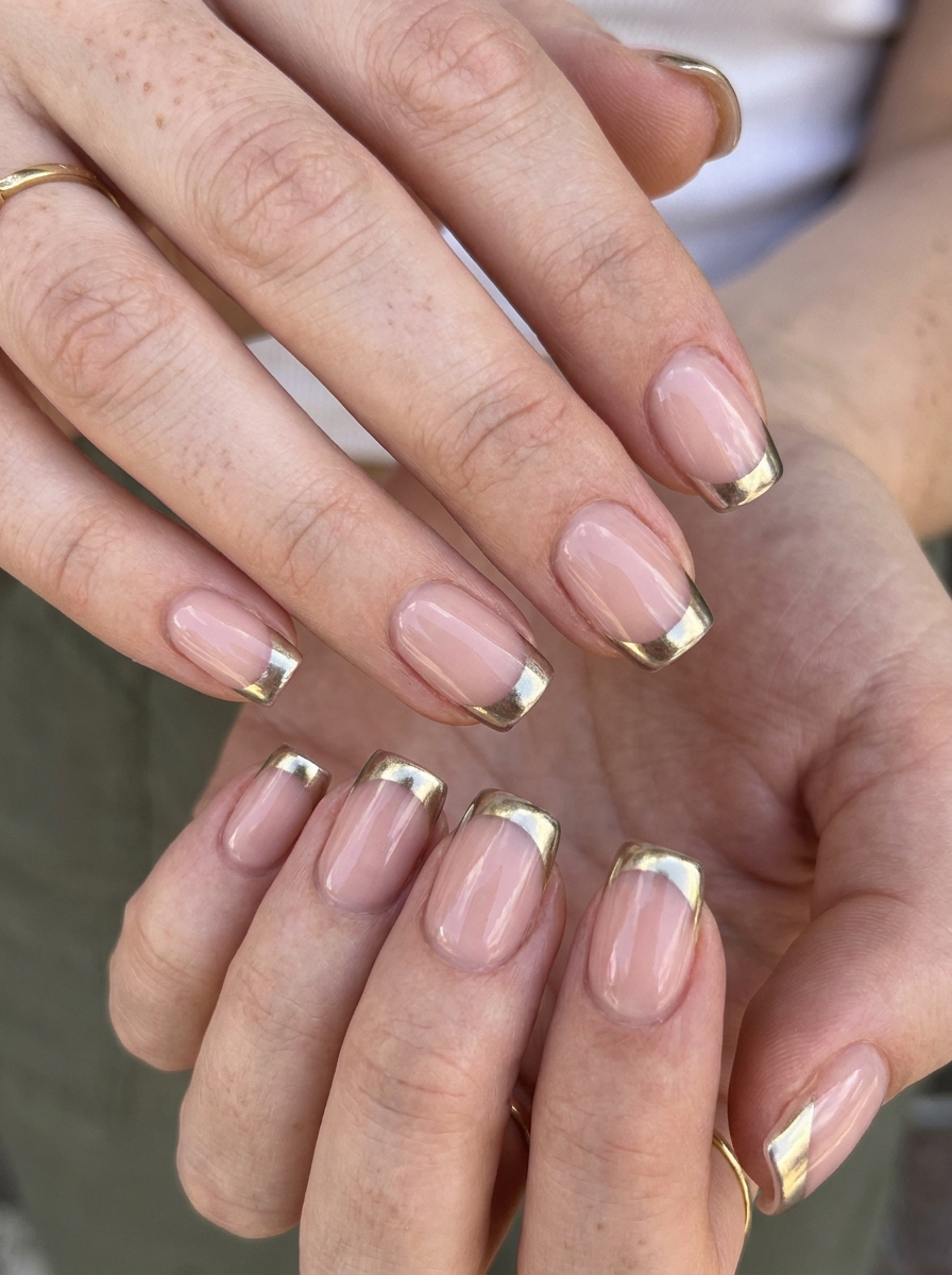 Nude Chrome French Square Nails